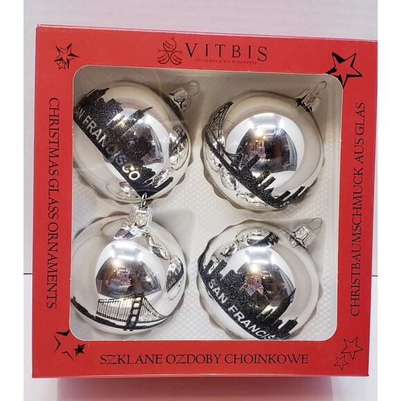 New 4 Pack VITBIS Poland Glass Christmas Ornaments Silver San Francisco Skyline - Picture 2 of 4